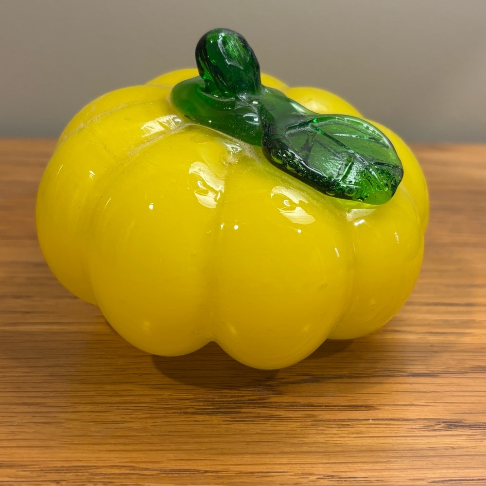 Yellow Glass Pumpkin with Green Leaf